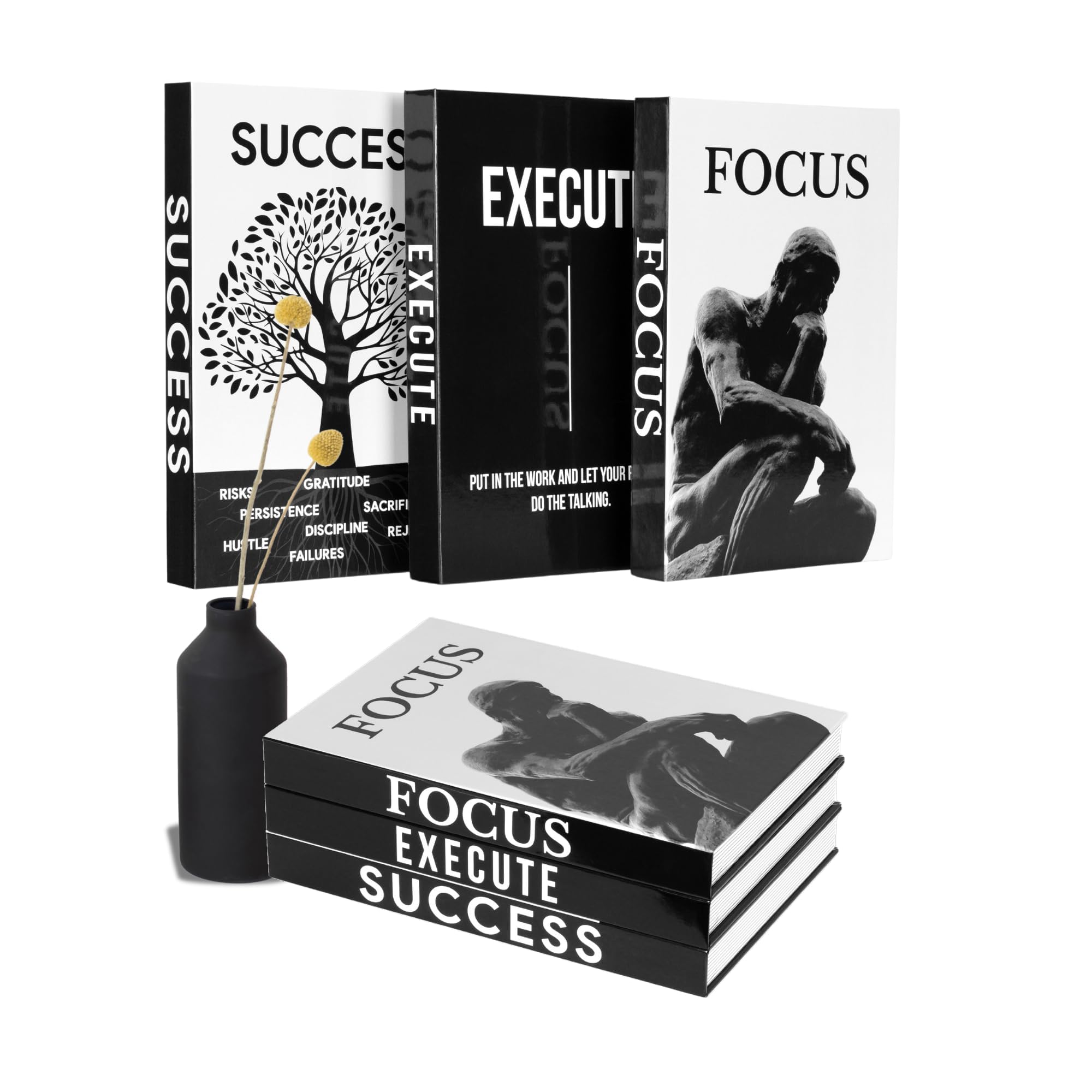 Motivational Desk Décor Set of 3 Books for Modern Home Office Aesthetic Shelf Black & White Faux Books for Decoration Mi